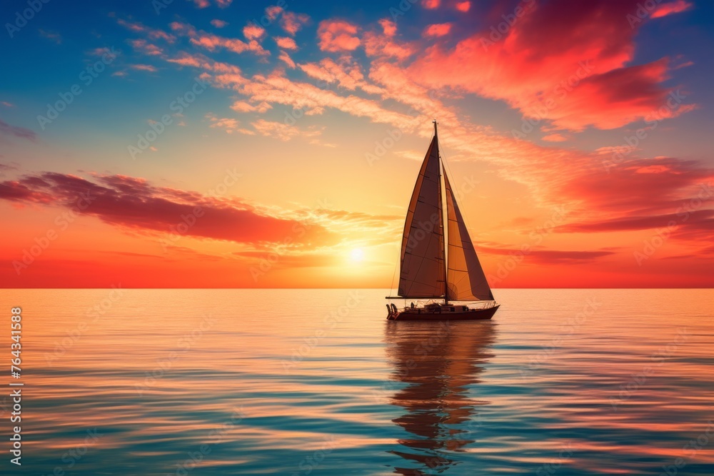 Calm ocean sunset sky background with a sailboat on the horizon