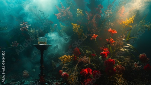 a light that is on in the middle of a bunch of flowers in the water with a lot of smoke coming out of it.