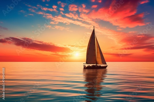 Calm ocean sunset sky background with a sailboat on the horizon