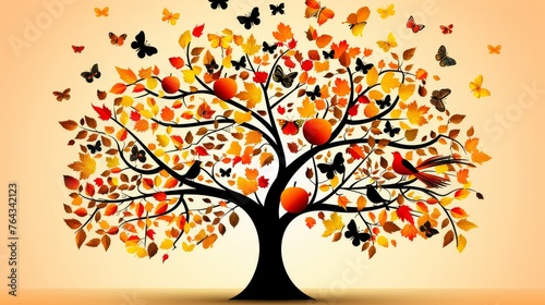 a tree with lots of colorful leaves and birds flying around it on an orange background with a light yellow background.
