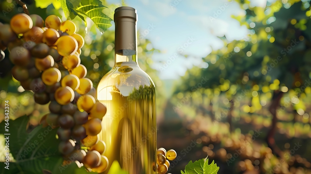 Fototapeta premium a bottle of wine and a glass of wine, an image for a winery, wine plantations vines