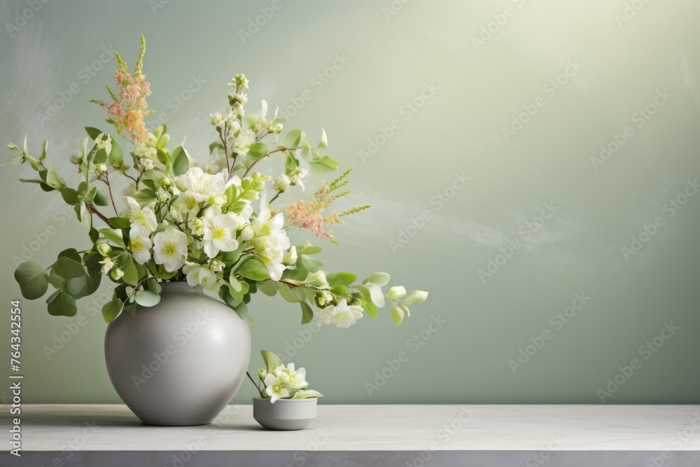 Floral spring arrangement mockup with a vase of blooming flowers and greenery
