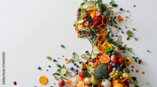 human body composed of fresh fruits and vegetables against a white background