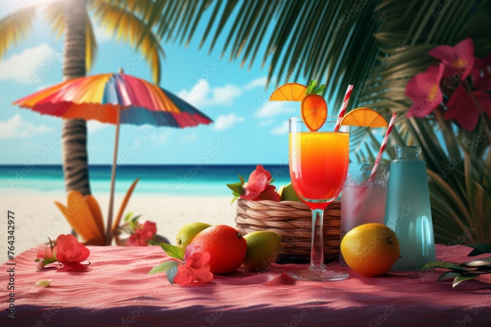 Mockup of a tropical cocktail party with colorful drinks, umbrellas, and beach towels