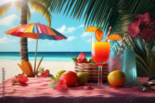 Mockup of a tropical cocktail party with colorful drinks, umbrellas, and beach towels