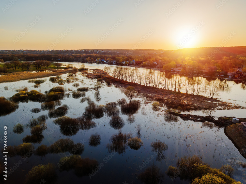 High water river at spring, aerial drone view