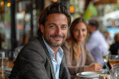 Relaxed Elegance Confident Businesspeople and Colleague Enjoying a Casual Meeting at a Bustling Cafe