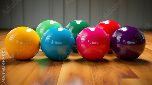 A photo of a set of brightly colored dodgeballs. photo