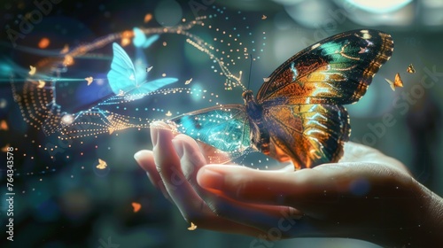 The concept of biosensor technology and its integration with new experiences in the metaverse, web3, and blockchain, illustrated by a hand interacting with a computer-generated surreal butterfly photo