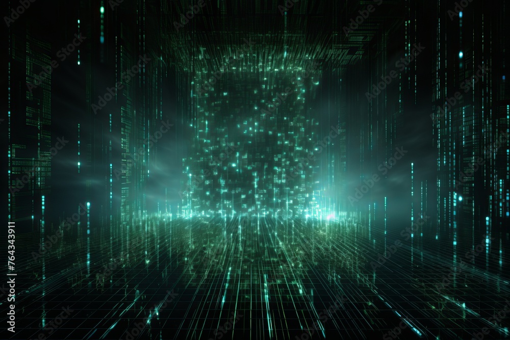 Technological 3D matrix background with streams of binary code