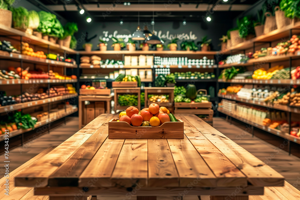 A large produce section of a grocery store with a wooden table in the middle