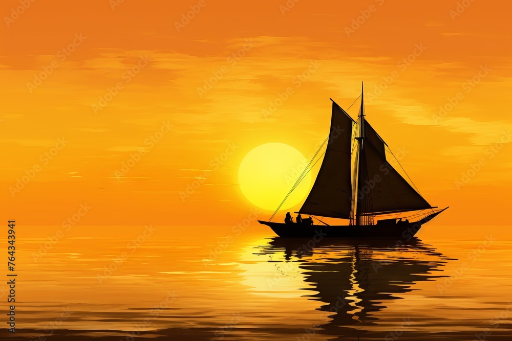 The silhouette of a boat on a golden sea