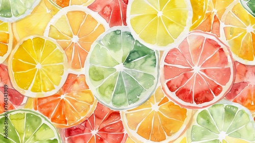 Summer citrus fruit tropical watercolor illustration background with oranges, limes, lemons and grapefruit