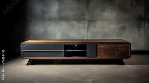 A photo of a sleek media console with built-in stone photo