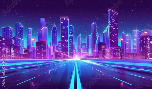 80s style art of a city skyline at night with purple and blue neon lights, an empty highway in the foreground cityscape panorama Generative AI