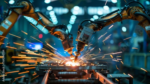 Welding robots in action, symbolizing the automation and efficiency in the automotive manufacturing industry 