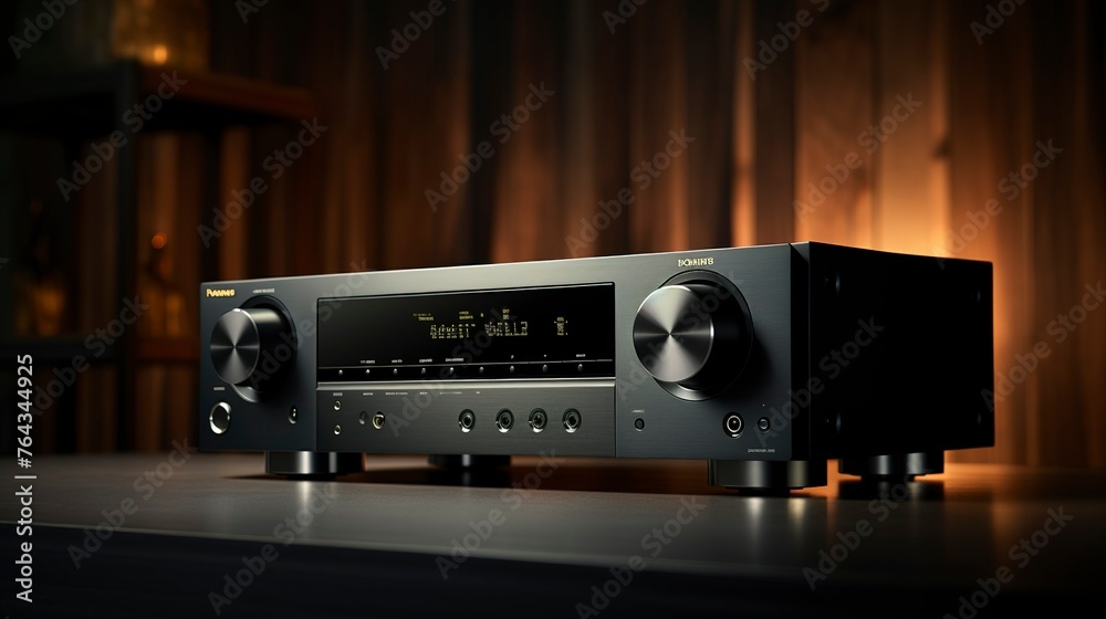 Fototapeta premium Modern audio amplifier on a wooden surface with a warm, ambient background.