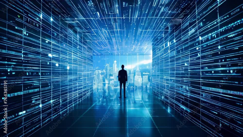 A man surrounded by blue lights stands in a large room with a blue city background. Scene is one of focus and concentration A man surrounded by blue lights stands in a large room with a blue city background. Scene is one of focus and concentration