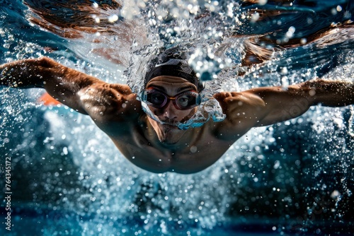 A man is swimming underwater in a pool, captured in motion with bubbles surrounding him