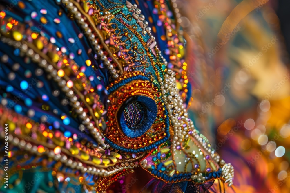 Detailed close-up shot of a carnival mask adorned with colorful beads, showcasing intricate craftsmanship and vibrant details