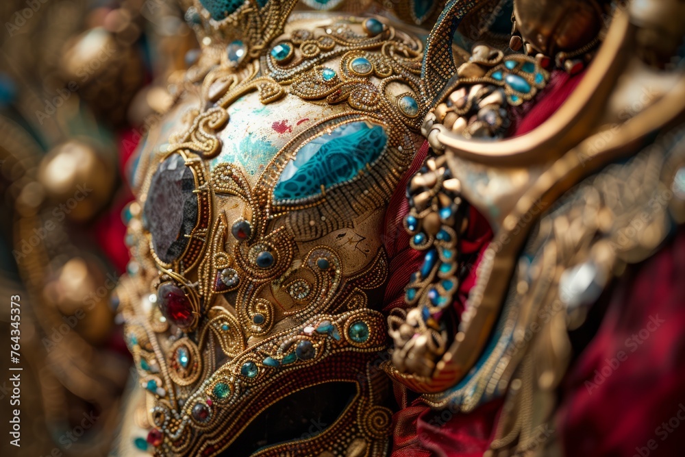 A detailed view of a vibrant and ornate mask on exhibit, showcasing intricate craftsmanship and bright colors