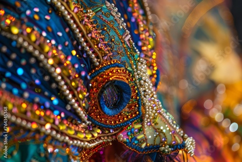 Detailed close-up shot of a carnival mask adorned with colorful beads, showcasing intricate craftsmanship and vibrant details © Ilia Nesolenyi