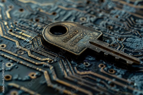 A close-up of a key positioned on a circuit board, symbolizing security and encryption in technology © Ilia Nesolenyi