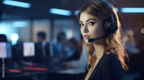 A photo of a stylish girl working in a modern call center