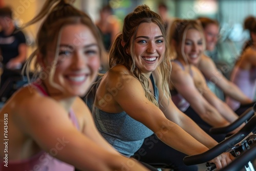 Group of women engaging in a high-intensity workout session on stationary bikes at the gym, showing camaraderie and motivation in a fitness class setting