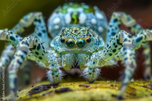 Detailed view of a blue and green spider up close, showcasing its vibrant colors and intricate features