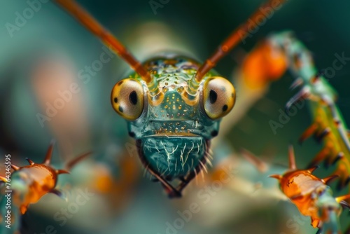 Close-up of a green insect with striking yellow eyes © Ilia Nesolenyi