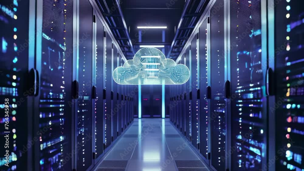 A computer server room with a large cloud in the middle. The room is filled with rows of servers and the cloud is glowing. Scene is futuristic and technological