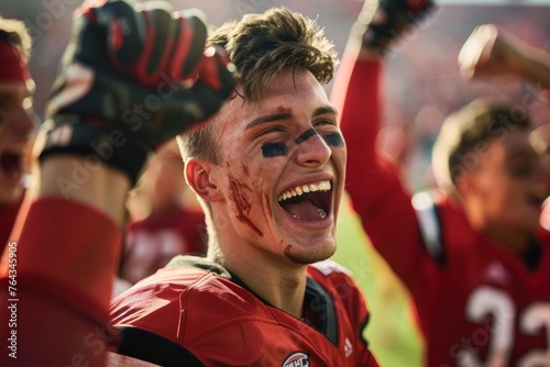 A football player  covered in red face paint  celebrates a victory on the field