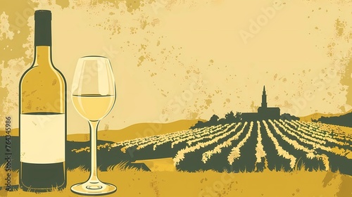a bottle of wine and a glass of wine, an image for a winery, wine plantations vines