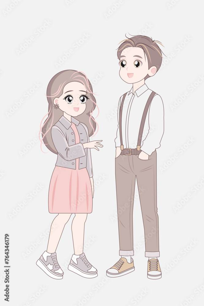 Korean teenage couple full length standing. Asian boy, girl character.