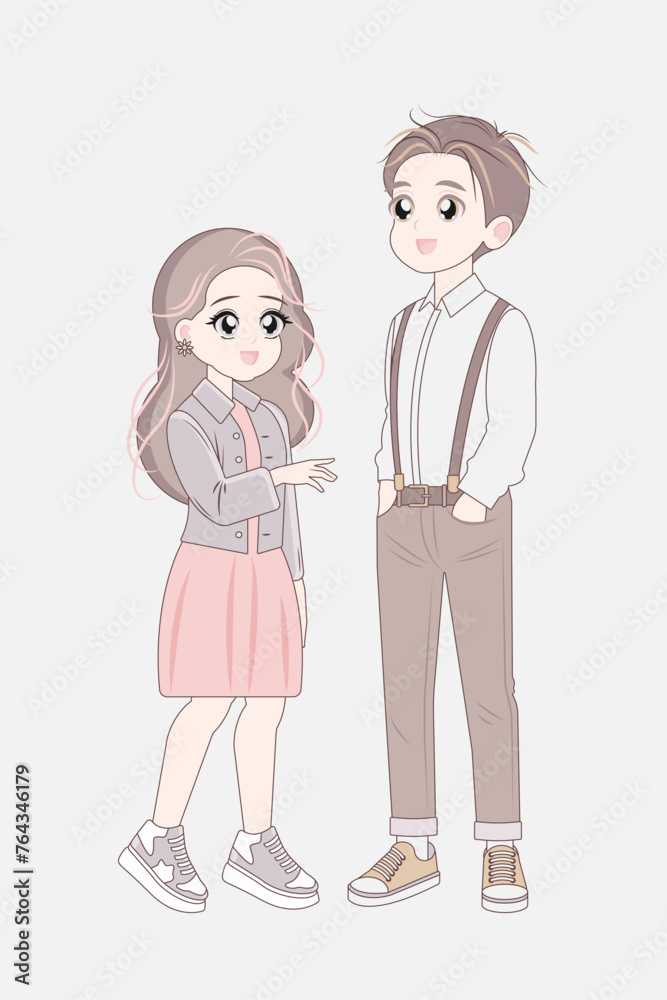 Korean teenage couple full length standing. Asian boy, girl character. Korean teenage couple full length standing. Asian boy, girl character.
