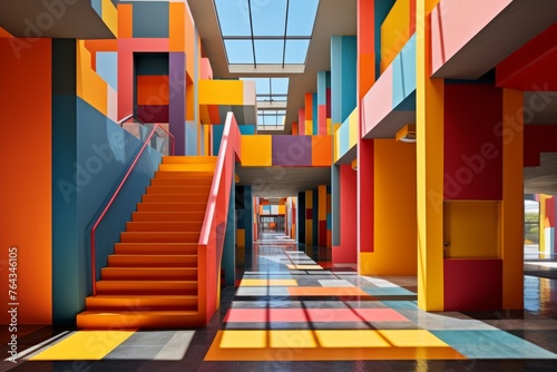 Vibrant and colorful staircase in a long hallway