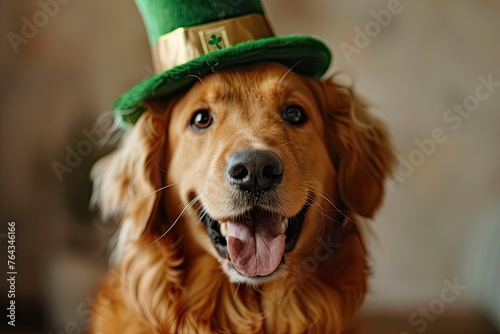 Happy dog celebrating St. Patrick's Day, close-up. A young dog in a leprechaun hat. St. Patrick's Day theme concept. Copy space - generative ai