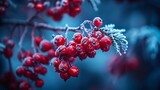 a close up of berries on a tree branch with frost on the leaves and berries in the foreground, with a blue background.
