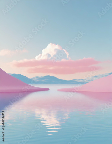 3d render modern abstract minimalist background water in the middle of the pink desert under the blue sky with white clouds fantasy landscape
