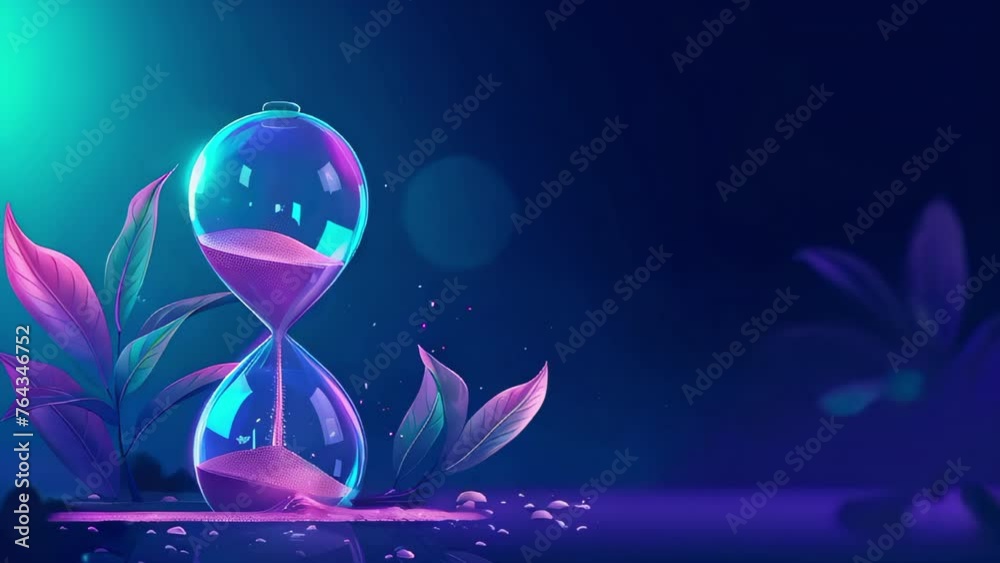 A glass hourglass with pink sand in it is on a blue background. The hourglass is surrounded by leaves, which gives the image a natural and calming feel