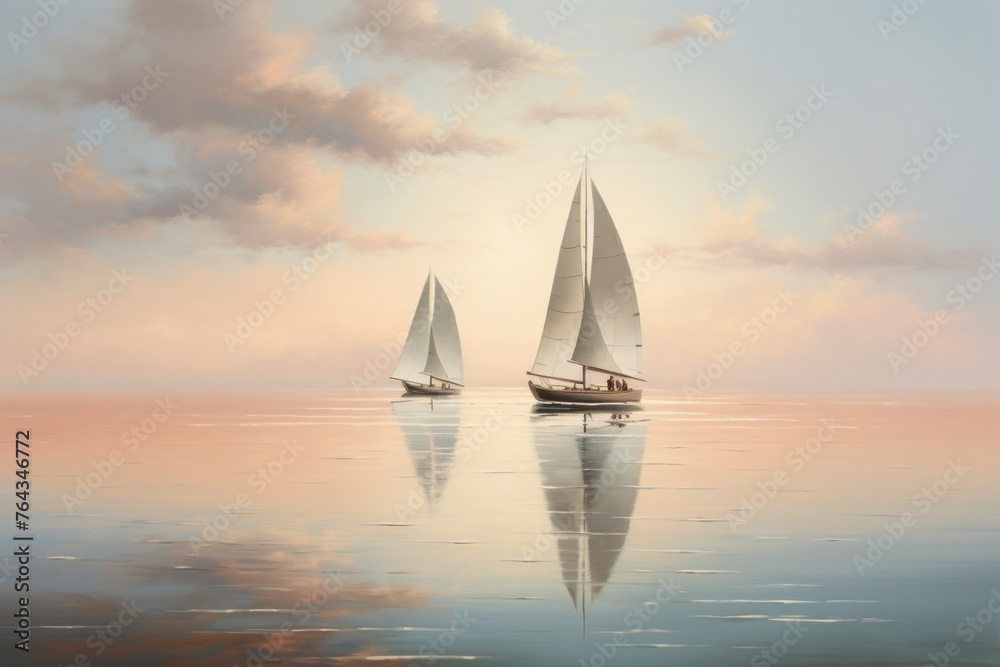 Coastal scene with sailboats and seagulls over calm waters