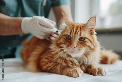 Veterinarian vaccinating orange tabby cat in modern veterinary clinic