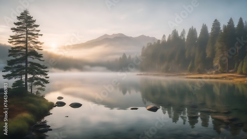 Sunrise over the lake in the mountains, foggy morning nature landscape, summer travel outdoor photo