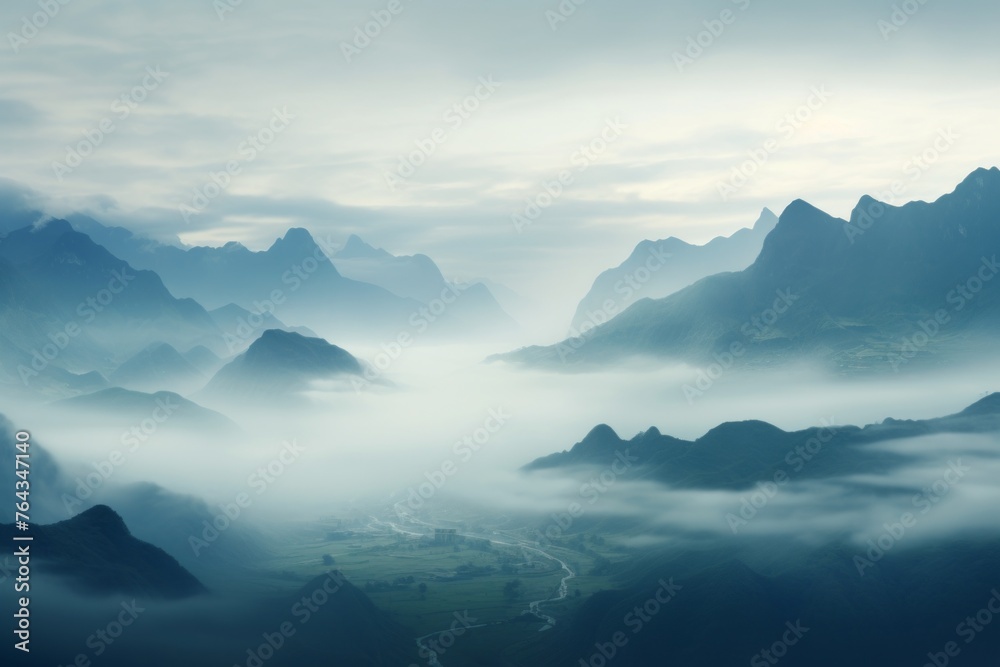 Distant mountain range shrouded in mist, creating an air of mystery