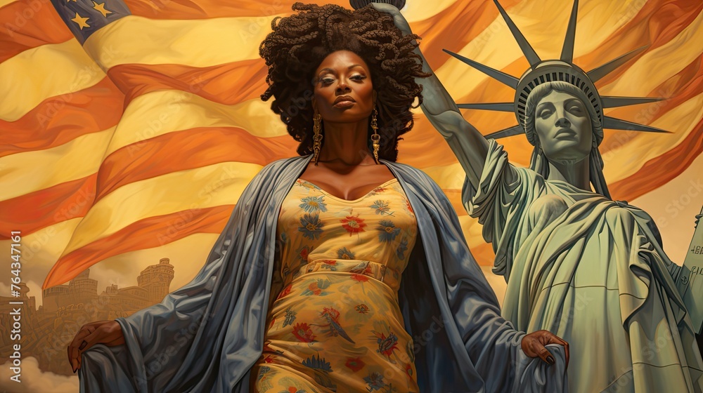 Naklejka premium African American woman with curly hair, representing freedom and human rights, with the Statue of Liberty and the American flag in the background