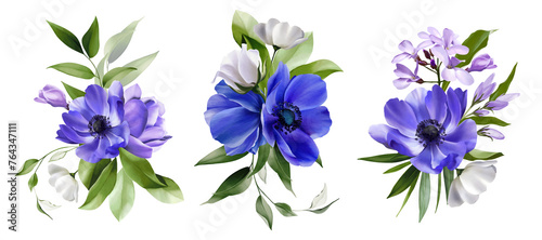 Bouquet of purple, white flowers with green tropical leaves. Set of watercolor floral compositions isolated on white background. Illustration of plant patterns for natural ornaments, frames, wallpaper