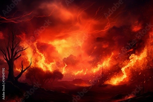 Dramatic fire background with flames creating a fiery landscape
