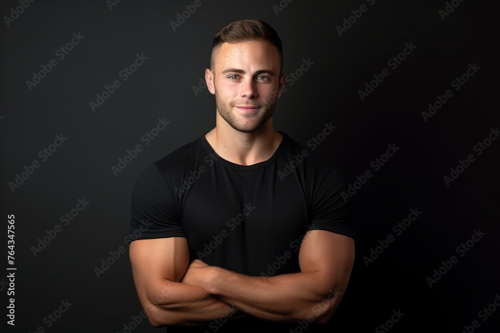 Portrait of a handsome young man in black t-shirt on dark background