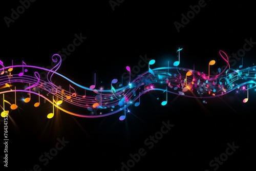 A black background with neon music notes